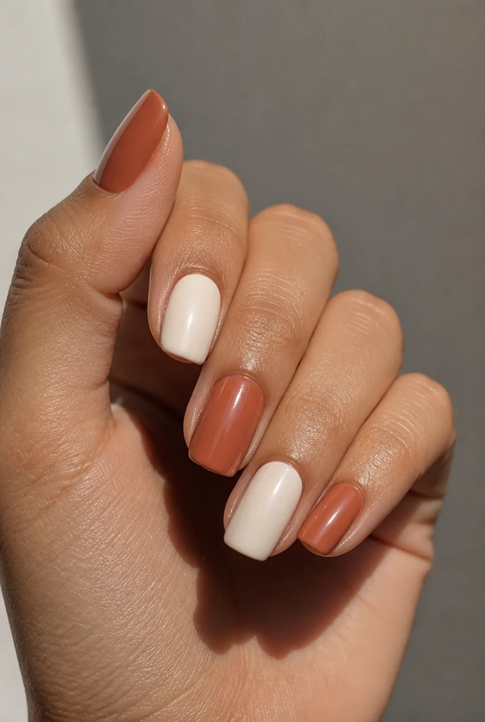 terracotta and cream split nail art on olive skin long length - PolishedAndPrettyNails.com terracotta and cream split nail art on olive skin, long length