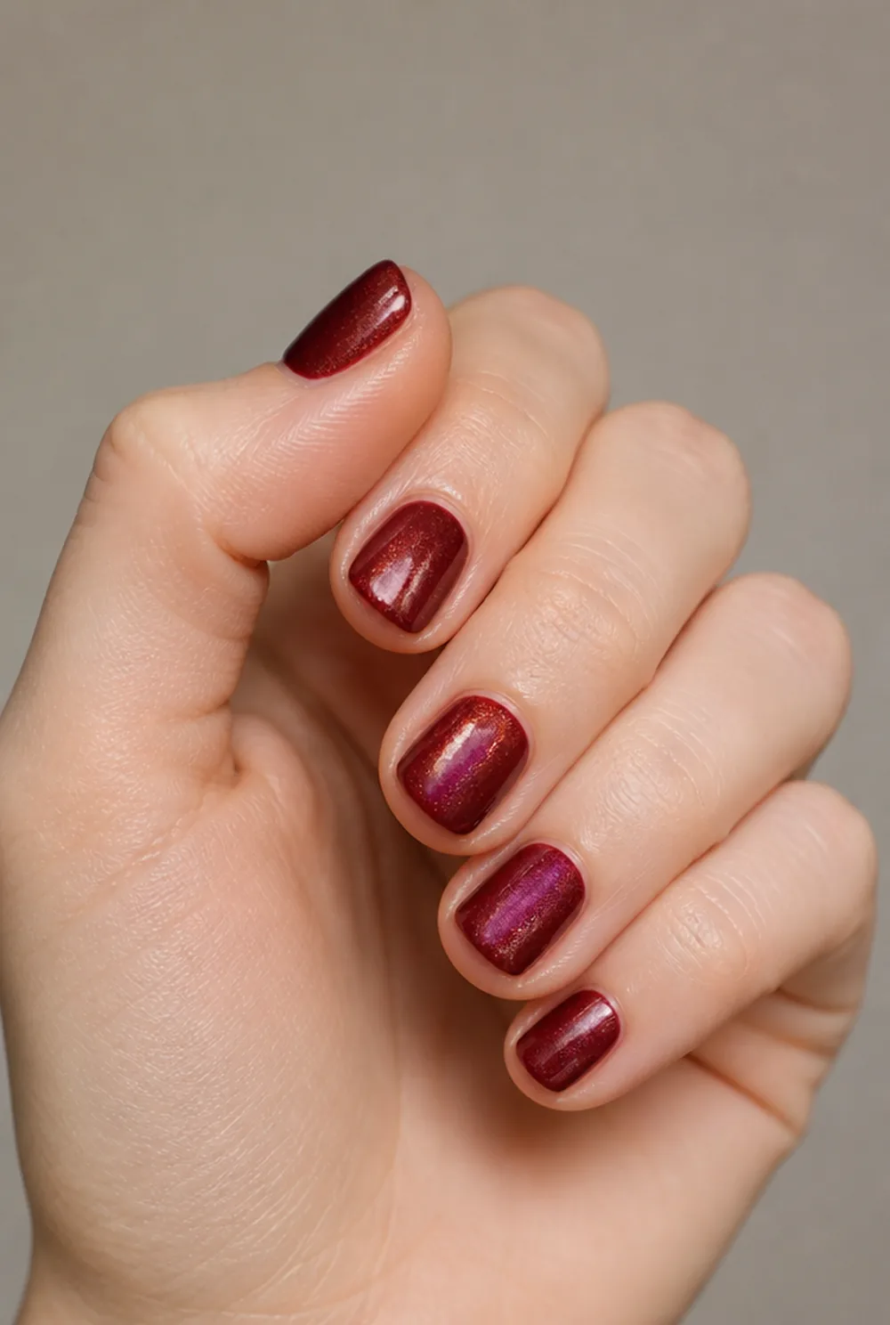 cranberry shimmer nail art on fair skin short length - PolishedAndPrettyNails.com cranberry shimmer nail art on fair skin, short length