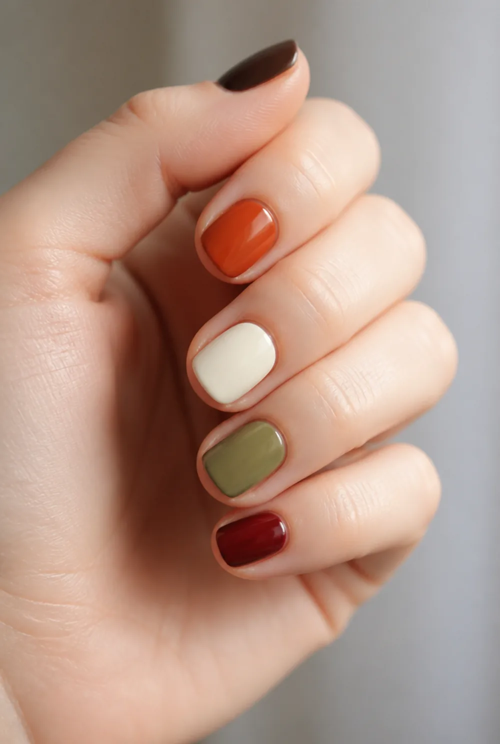 pumpkin spice everything skittle nail art on fair skin short length - PolishedAndPrettyNails.com pumpkin spice everything skittle nail art on fair skin, short length
