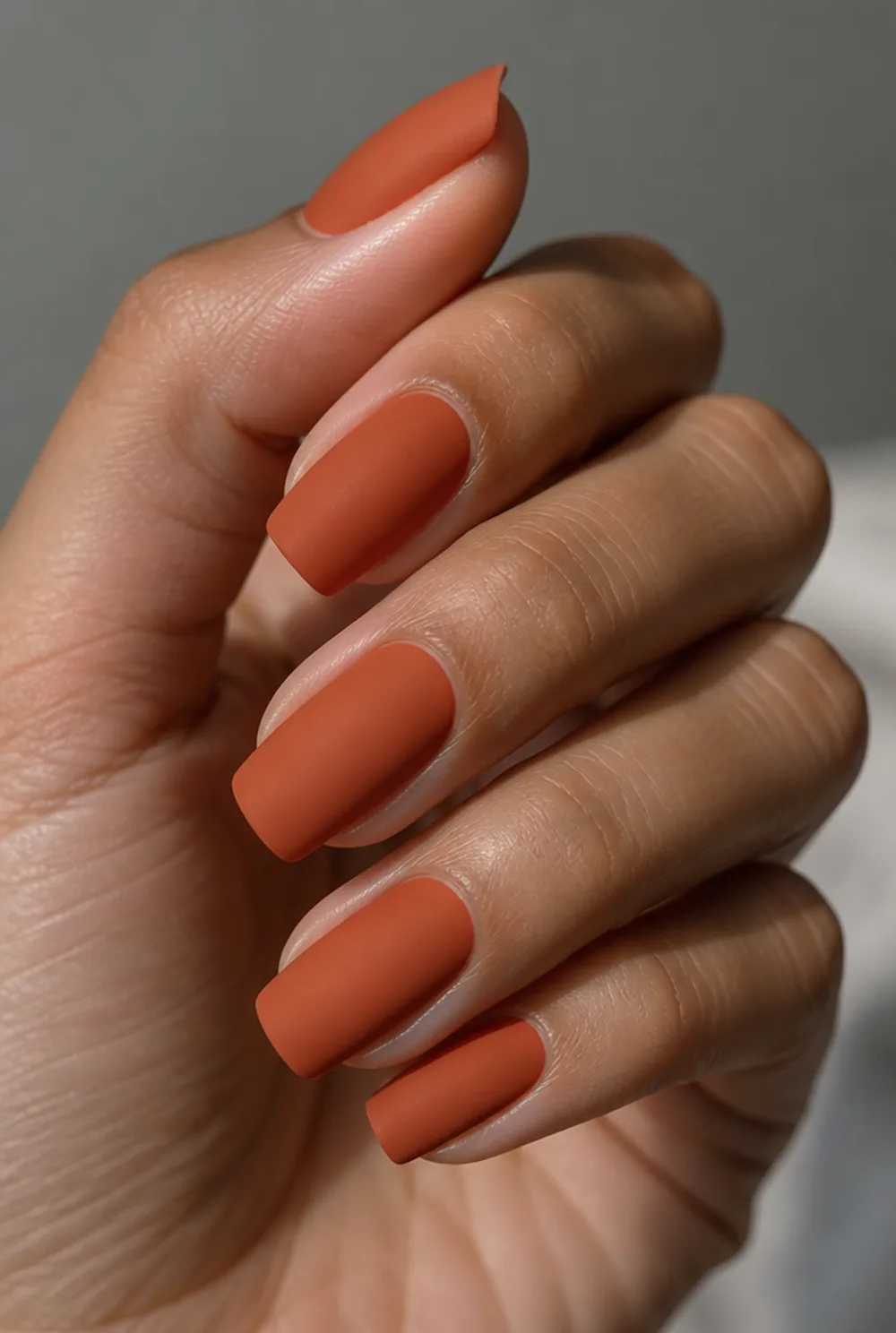 matte pumpkin on squoval nail art on olive skin long length - PolishedAndPrettyNails.com matte pumpkin on squoval nail art on olive skin, long length