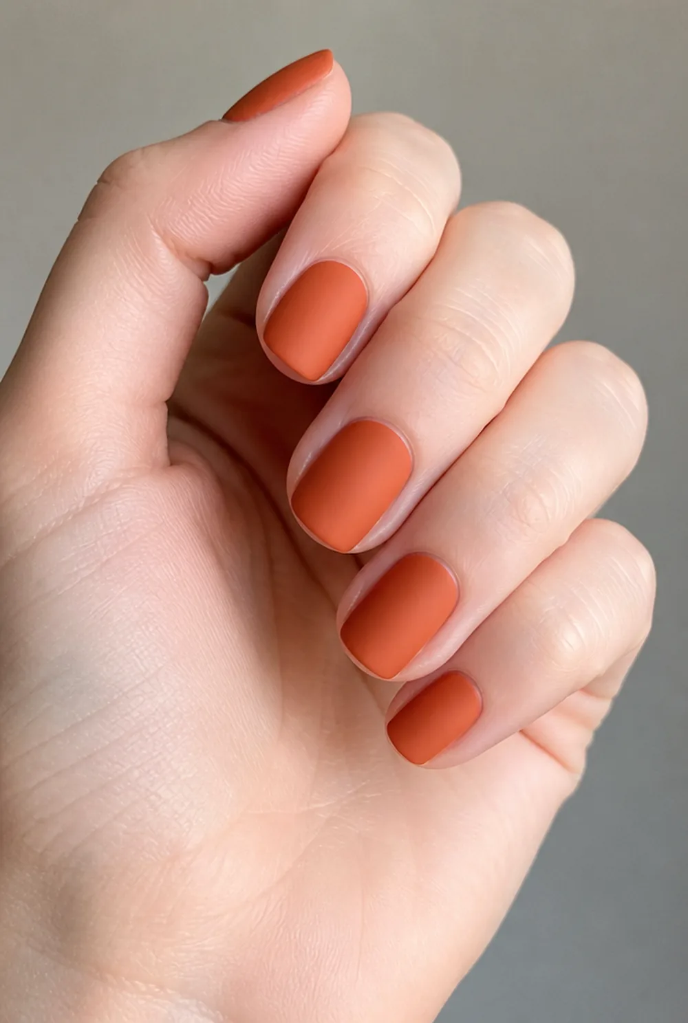 matte pumpkin on squoval nail art on fair skin short length - PolishedAndPrettyNails.com matte pumpkin on squoval nail art on fair skin, short length