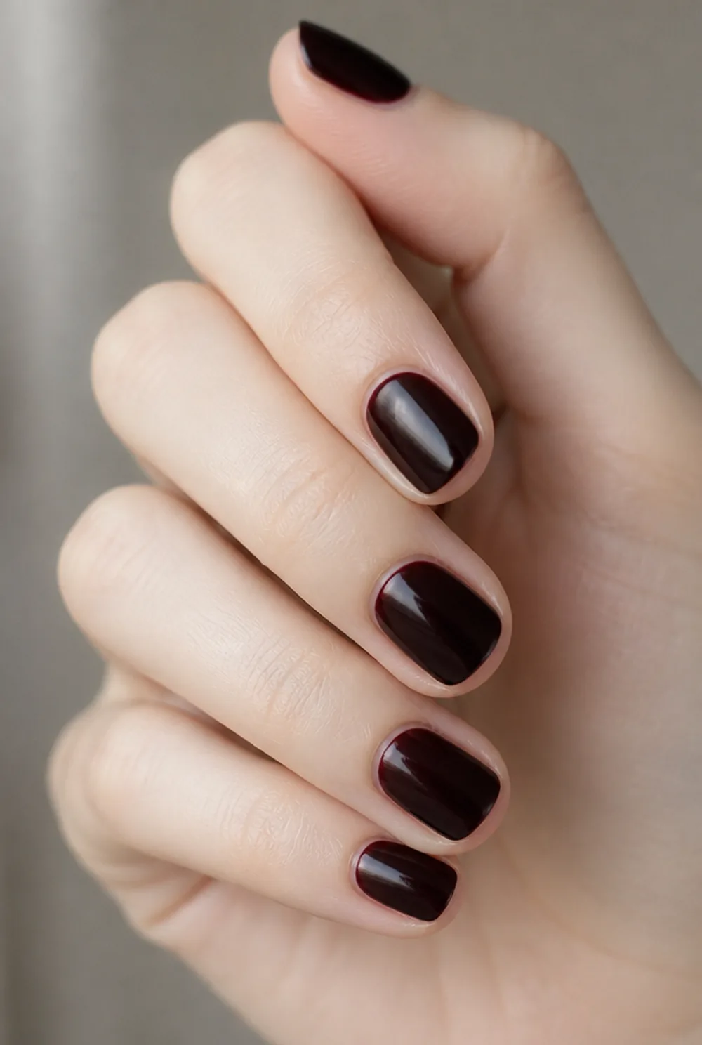 short black cherry nail art on fair skin short length - PolishedAndPrettyNails.com short black cherry nail art on fair skin, short length