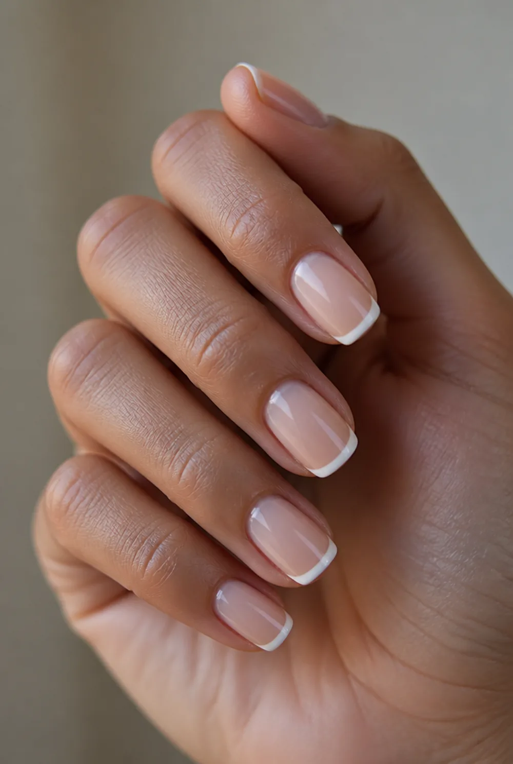 short gel french nail art on olive skin, long length