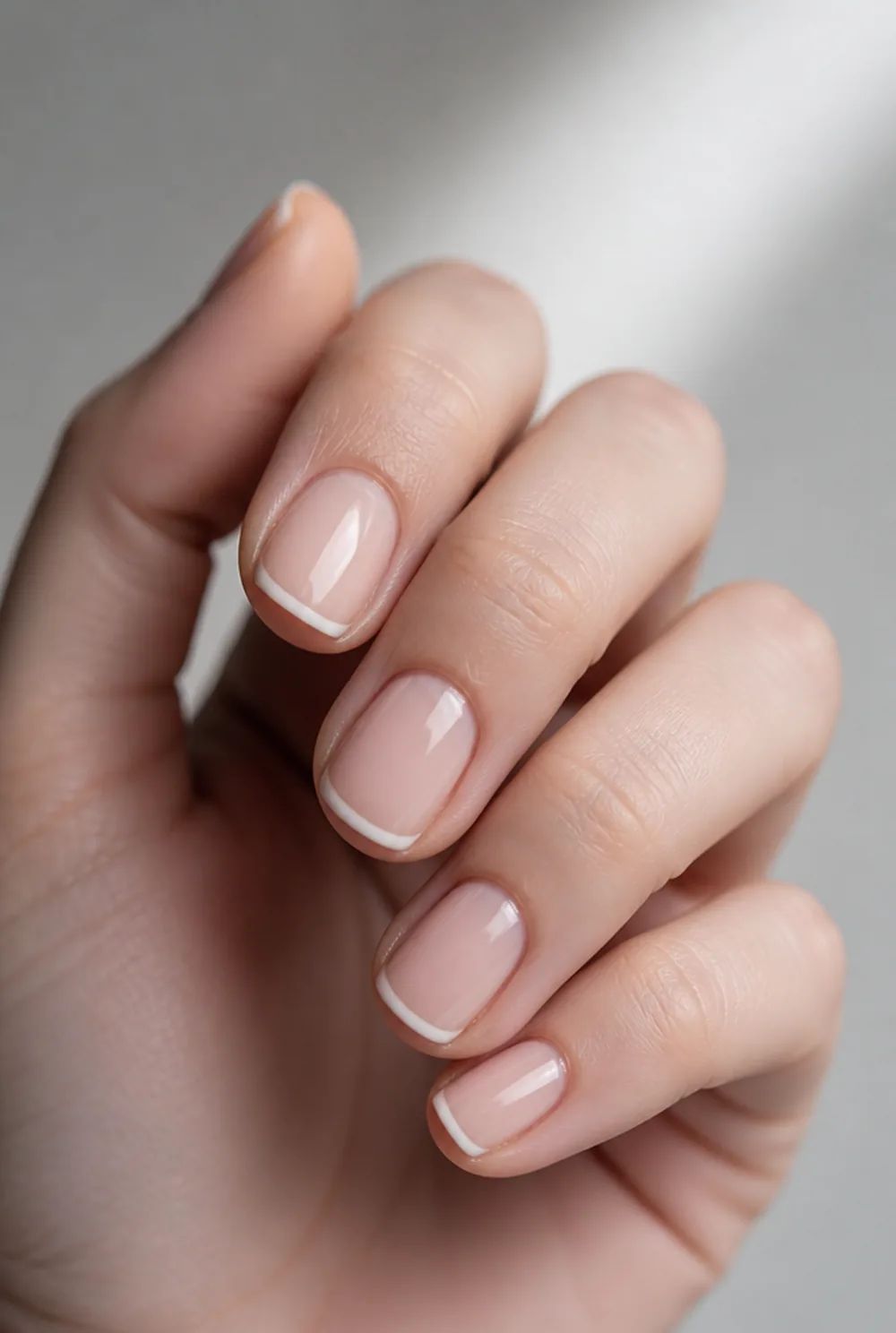 short gel french nail art on fair skin, short length