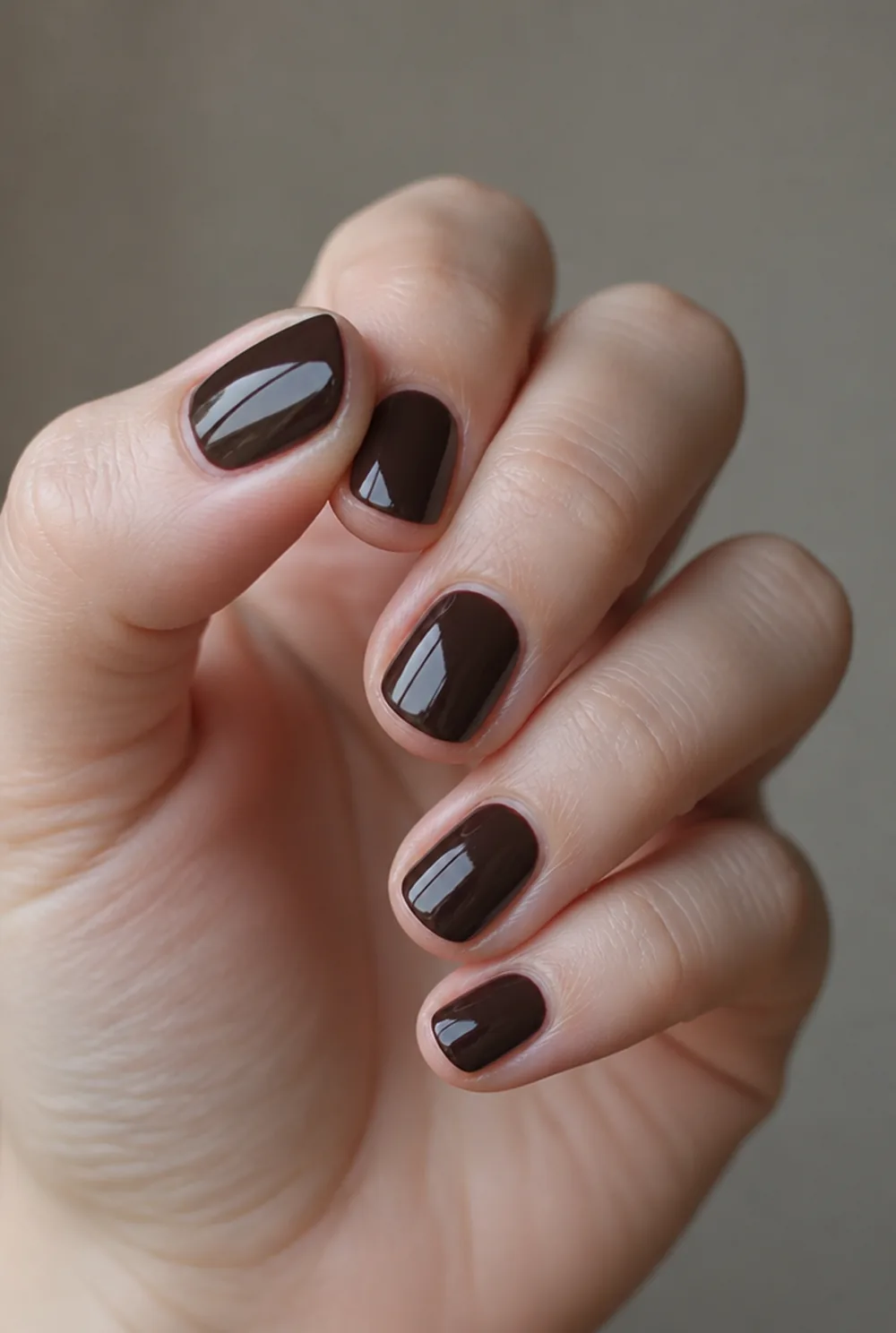 espresso gloss nail art on fair skin, short length
