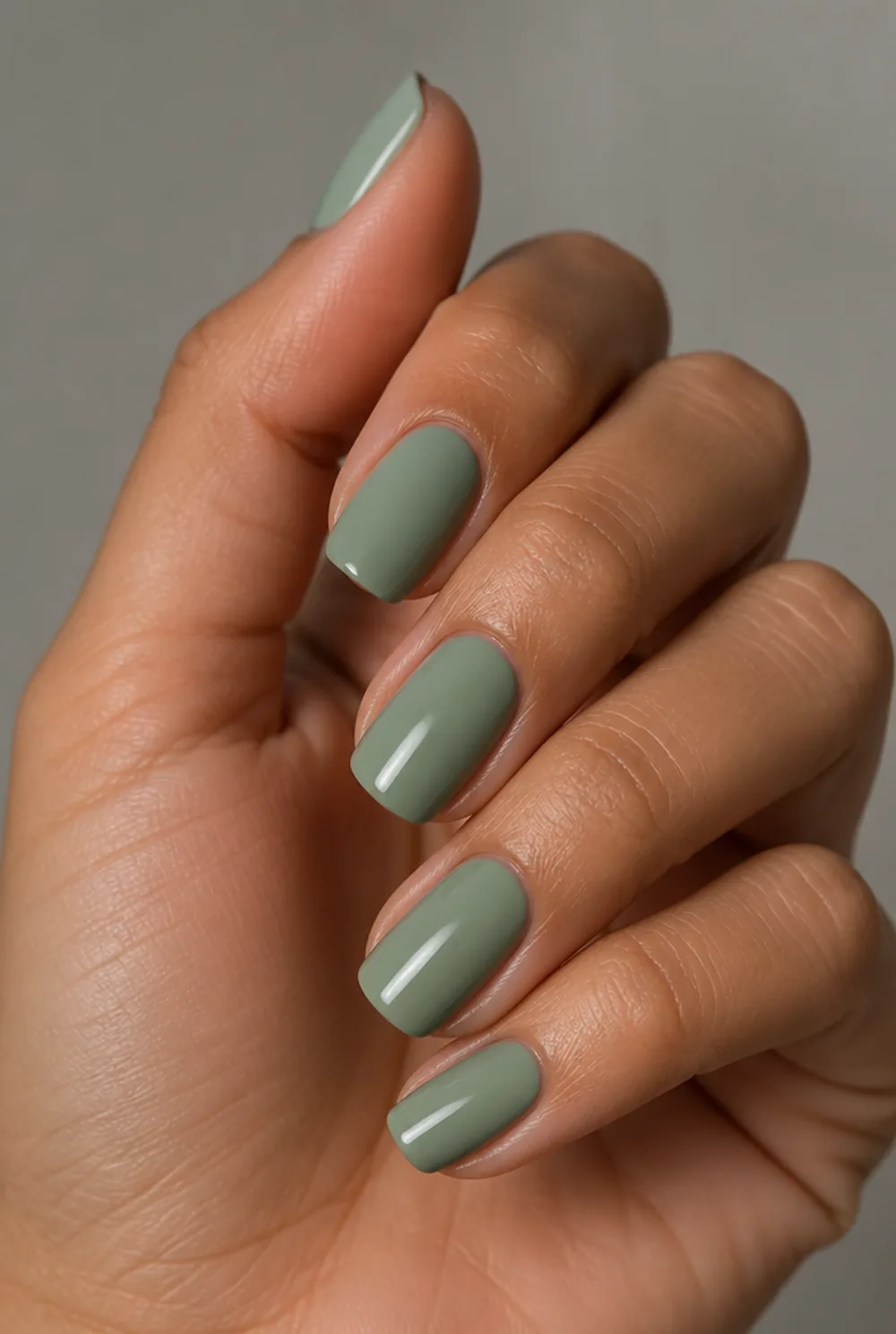 sage solid nail art on olive skin, long length