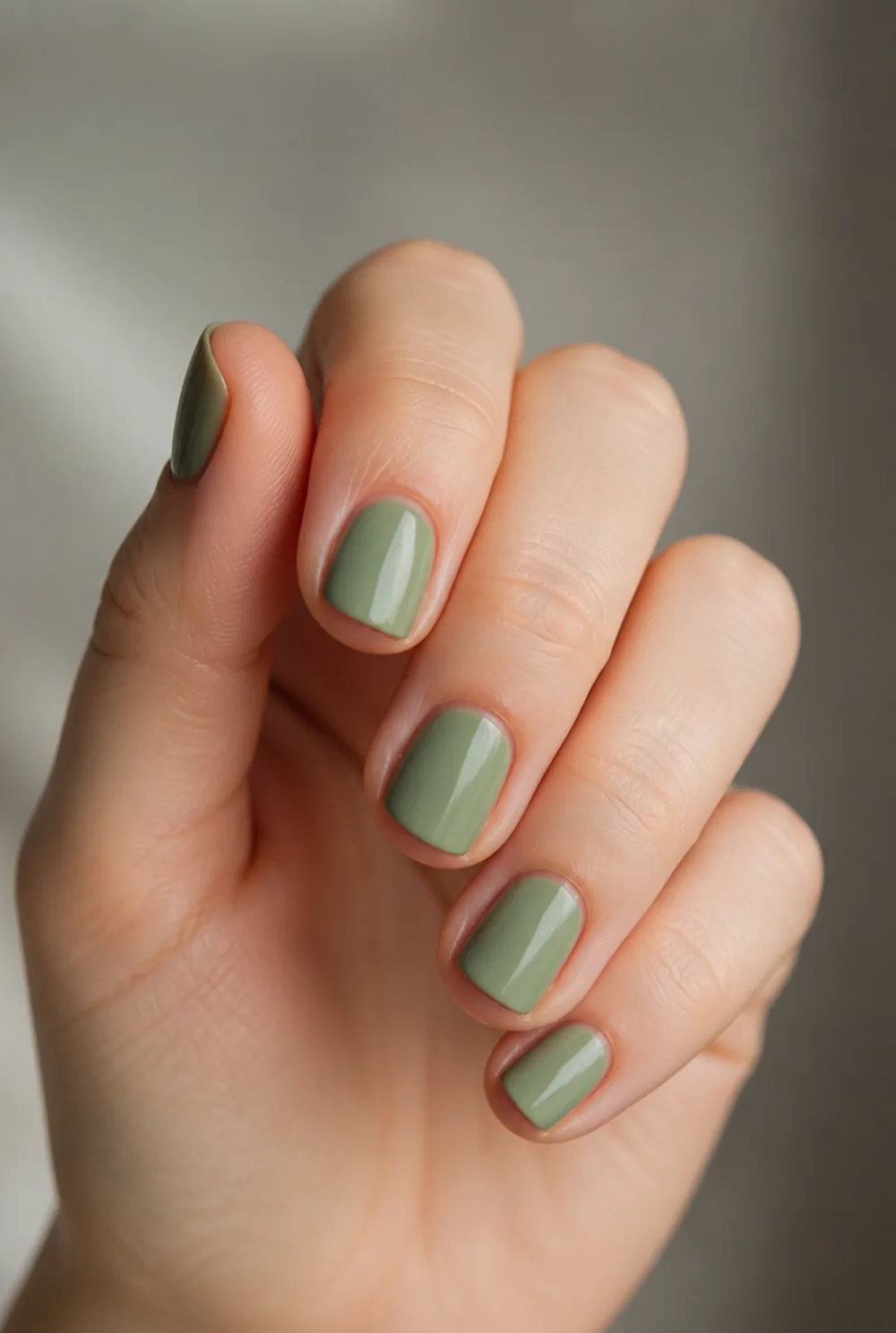sage solid nail art on fair skin, short length