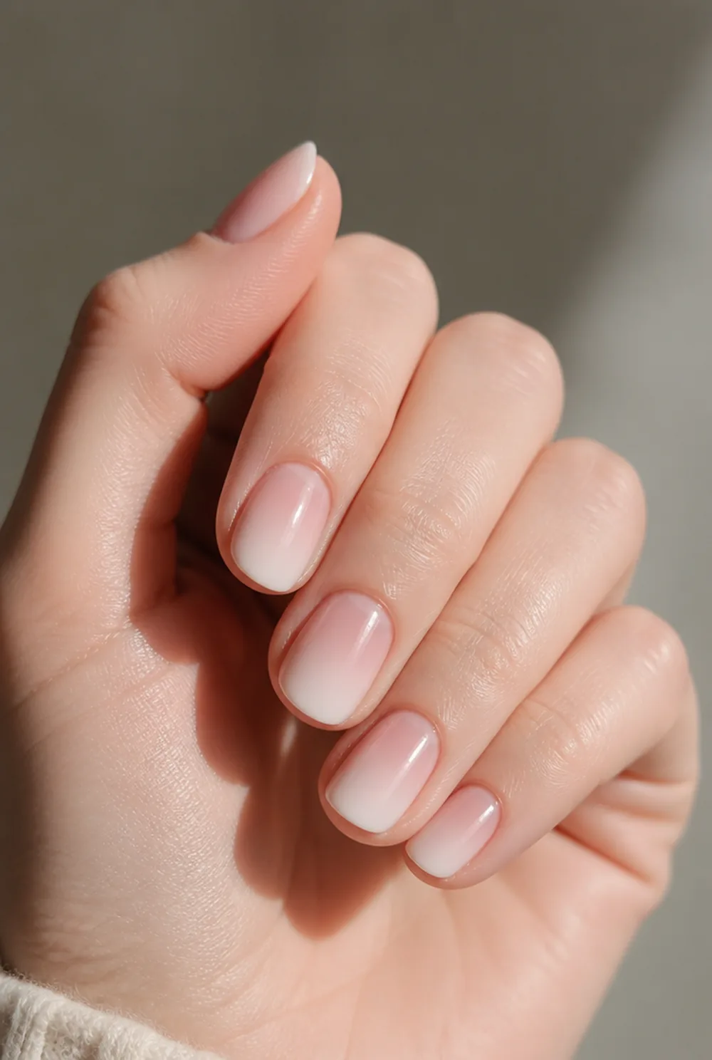 baby boomer ombre nail art on fair skin, short length