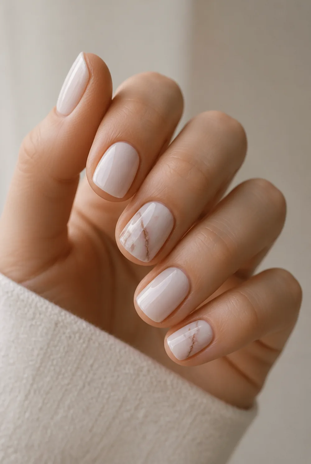 marble accent nail art on fair skin, short length