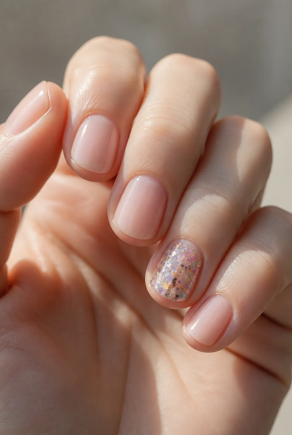 confetti glitter accent nail art on fair skin, short length