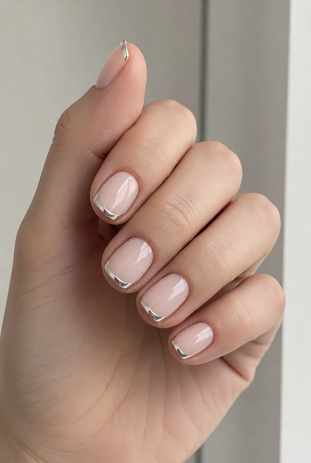 micro chrome tips nail art on fair skin, short length