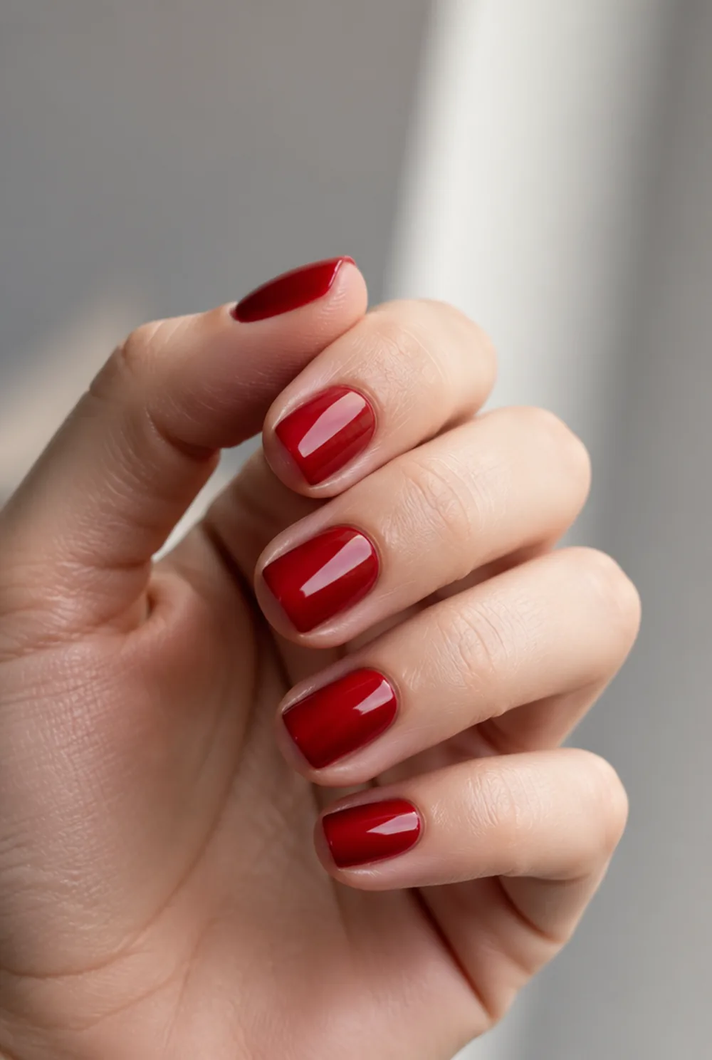 solid cherry gel nail art on fair skin, short length