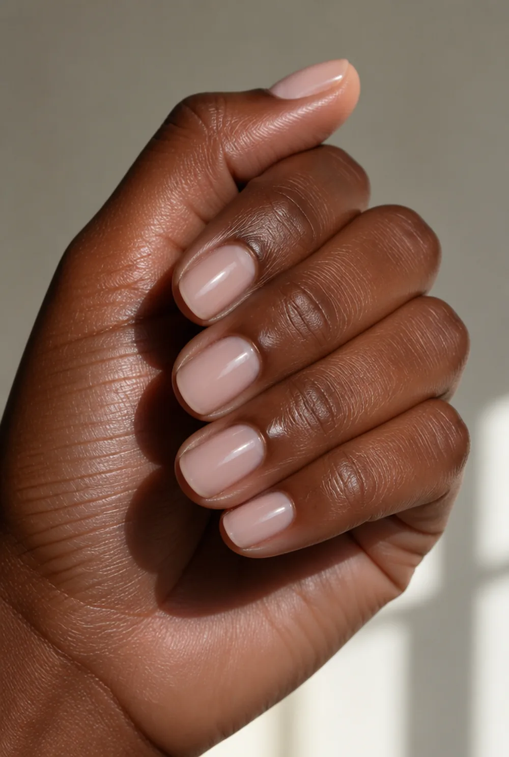milky gel nail art on deep brown skin