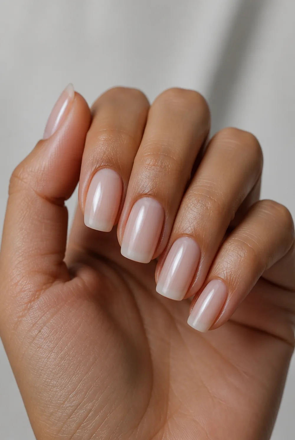 milky gel nail art on olive skin, long length