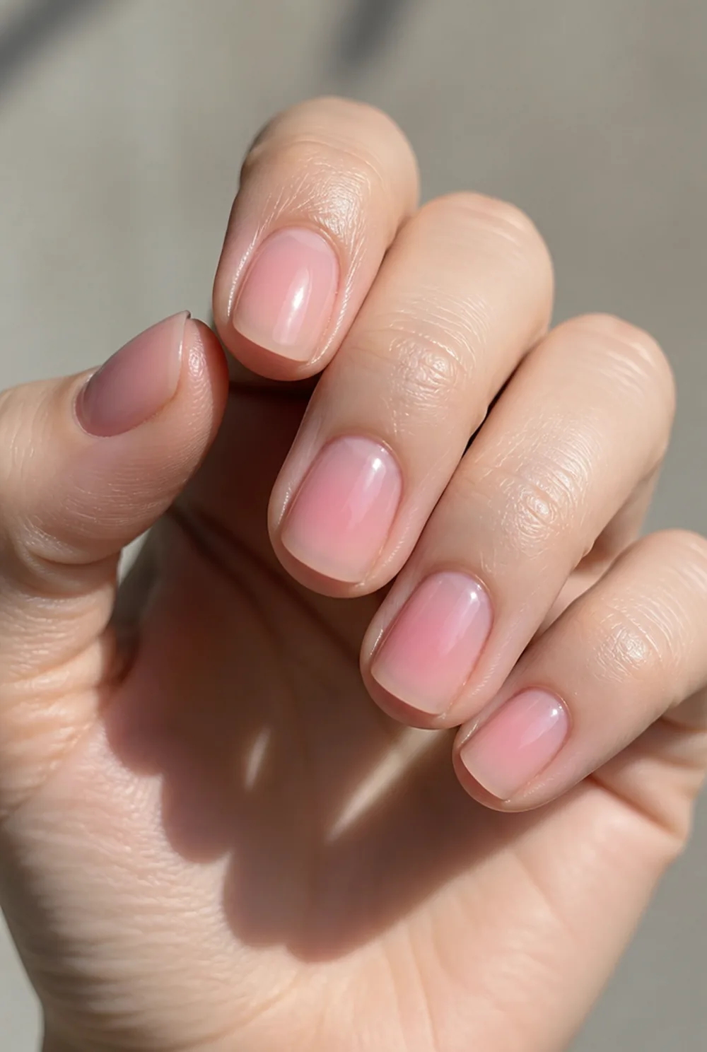 aura blush nail art on fair skin, short length