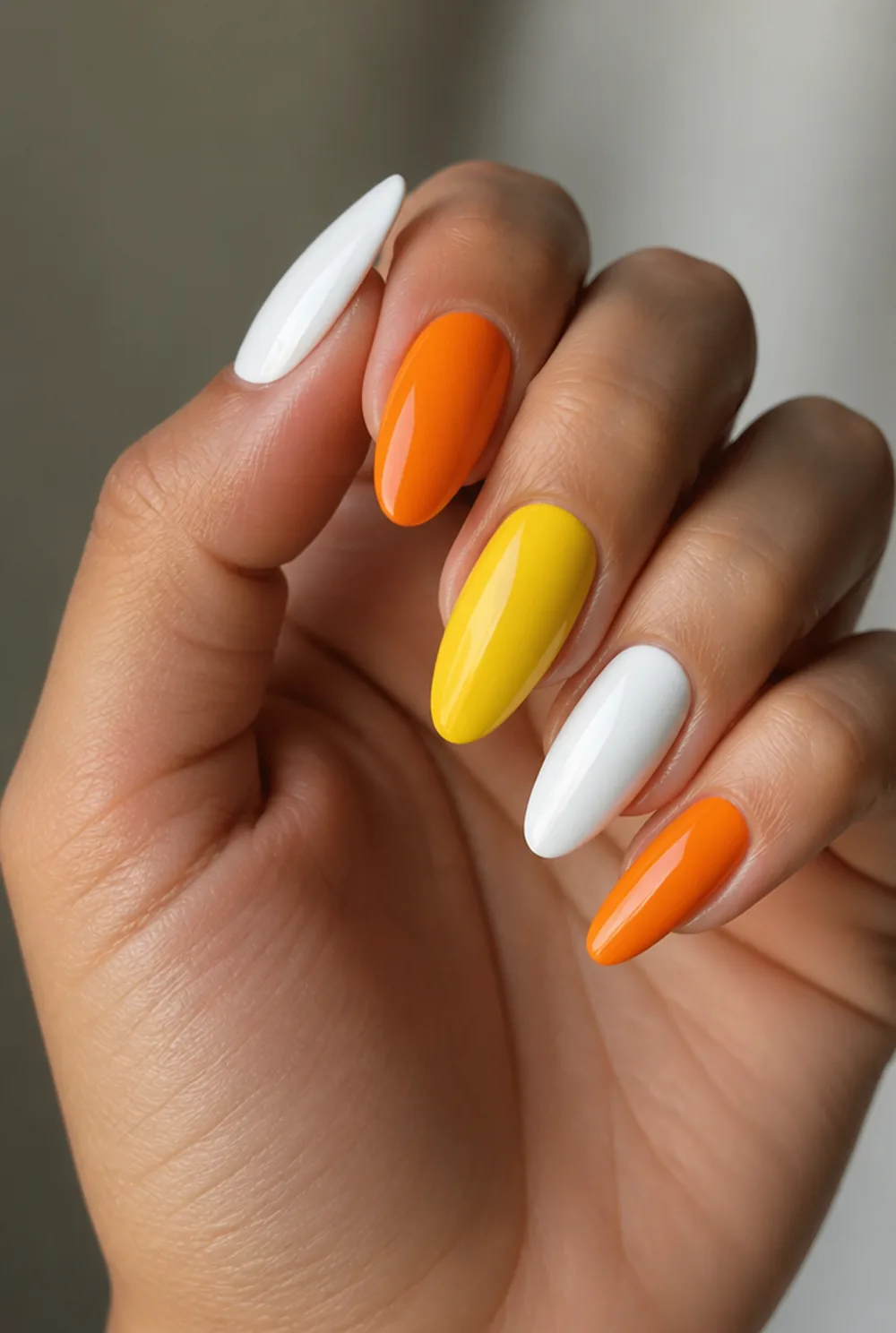 candy corn skittle nail art on olive skin long length - PolishedAndPrettyNails.com candy corn skittle nail art on olive skin, long length