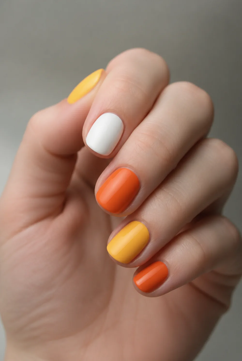 candy corn skittle nail art on fair skin short length - PolishedAndPrettyNails.com candy corn skittle nail art on fair skin, short length