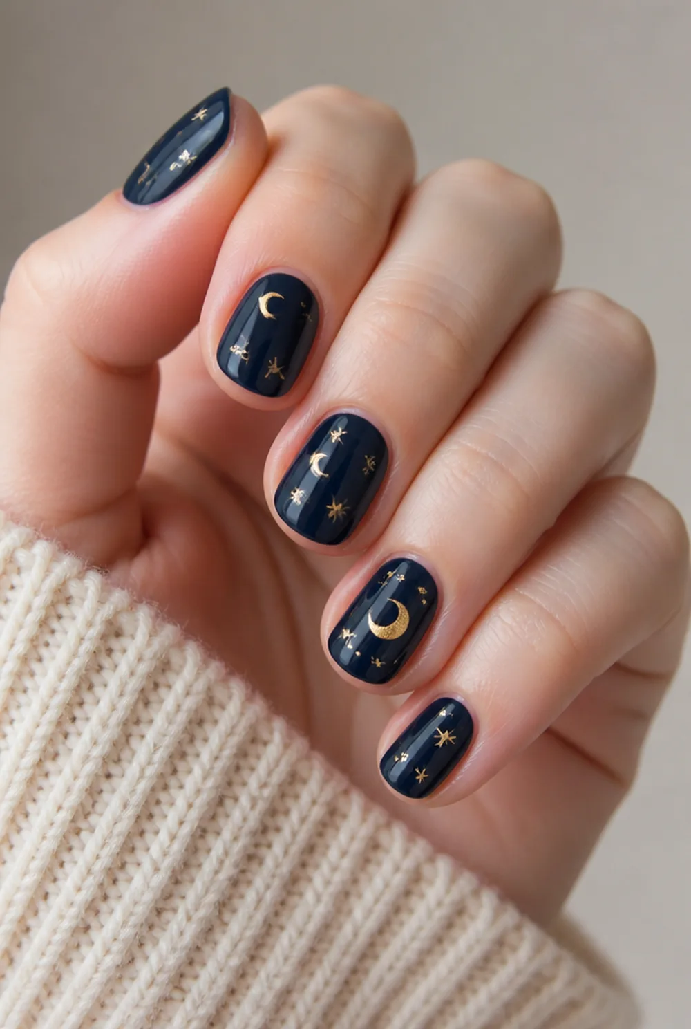 stars and moons on navy nail art on fair skin short length - PolishedAndPrettyNails.com stars and moons on navy nail art on fair skin, short length