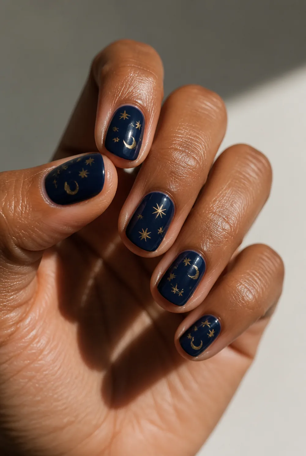 stars and moons on navy nail art on deep brown skin - PolishedAndPrettyNails.com stars and moons on navy nail art on deep brown skin