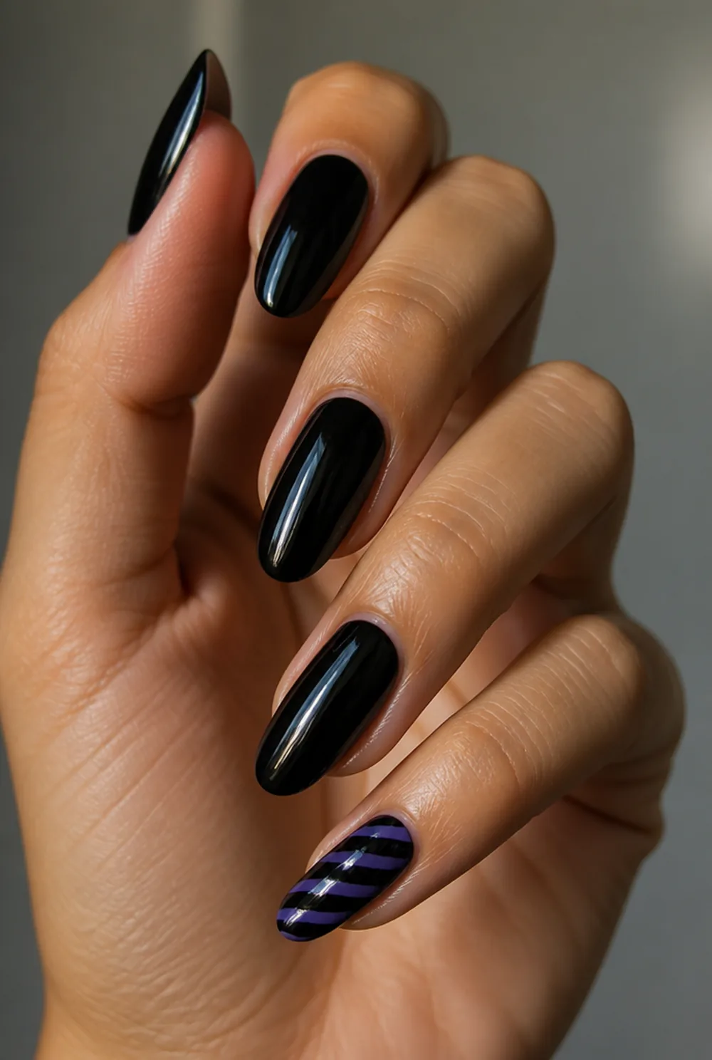witch stocking pinky nail art on olive skin long length - PolishedAndPrettyNails.com witch stocking pinky nail art on olive skin, long length