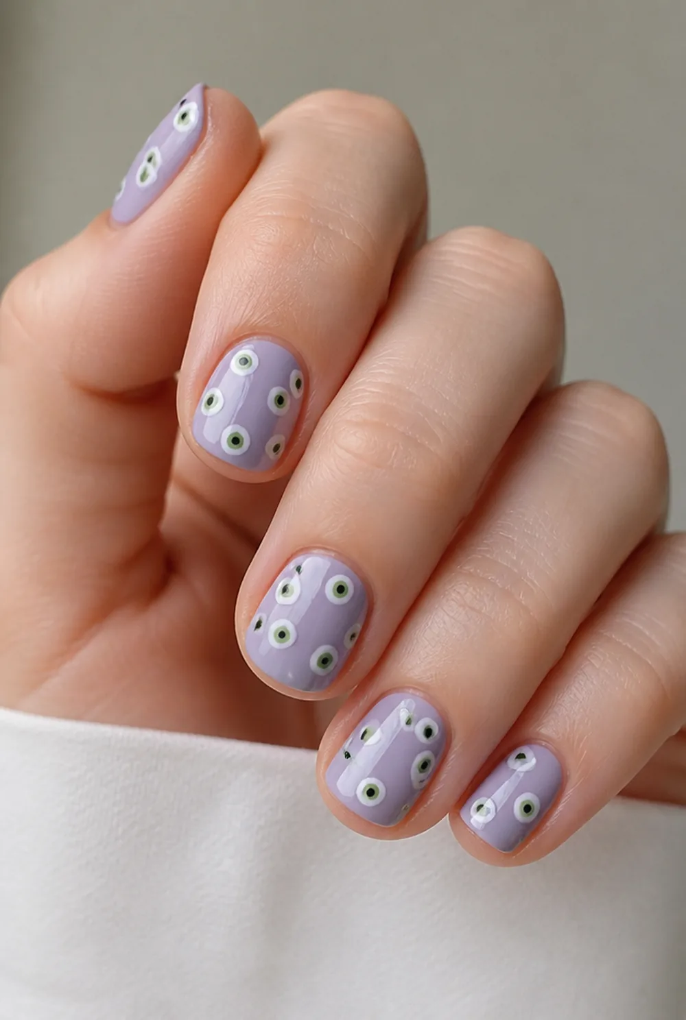eyeball dots nail art on fair skin short length - PolishedAndPrettyNails.com eyeball dots nail art on fair skin, short length