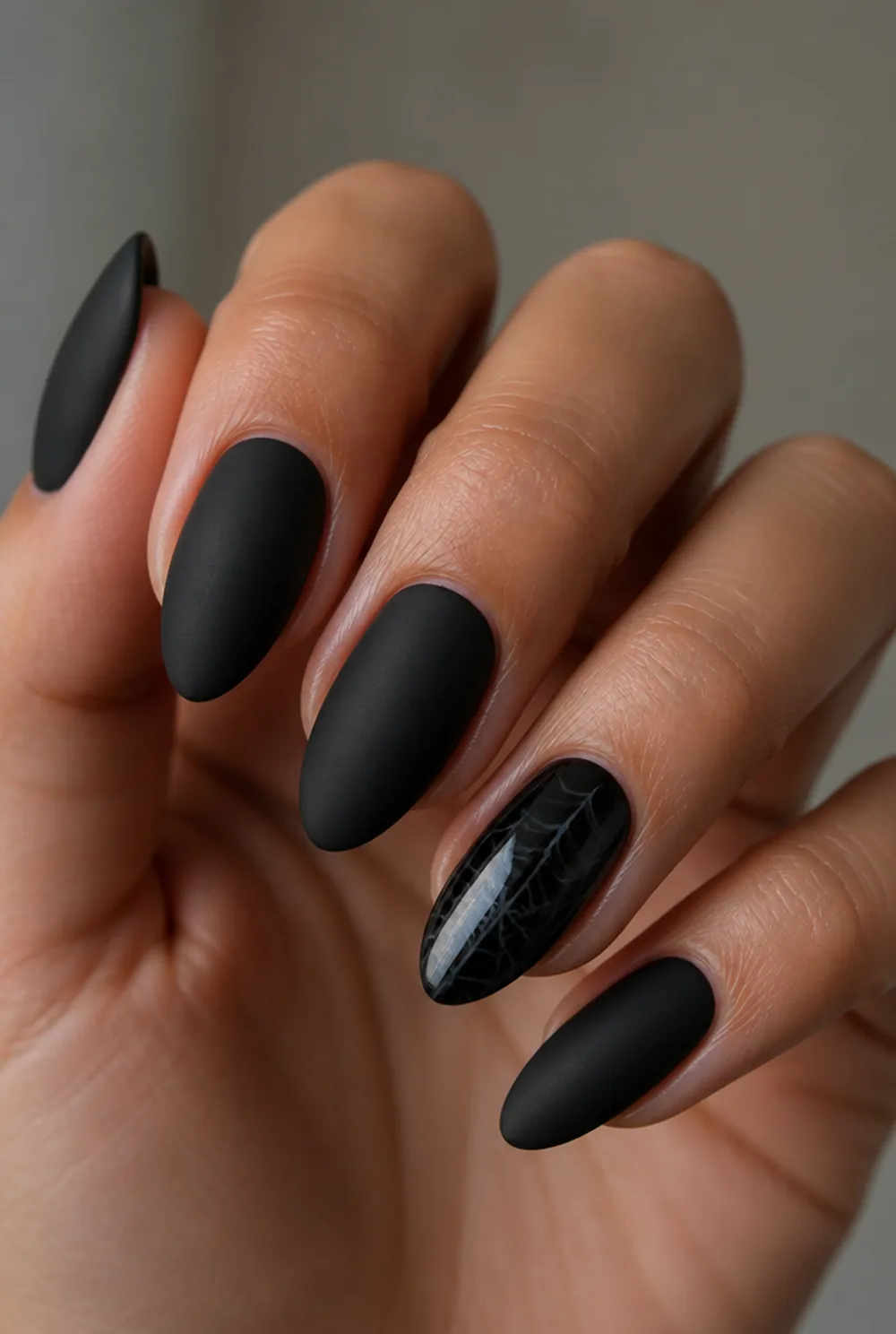 matte black with one glossy web nail art on olive skin long length - PolishedAndPrettyNails.com matte black with one glossy web nail art on olive skin, long length