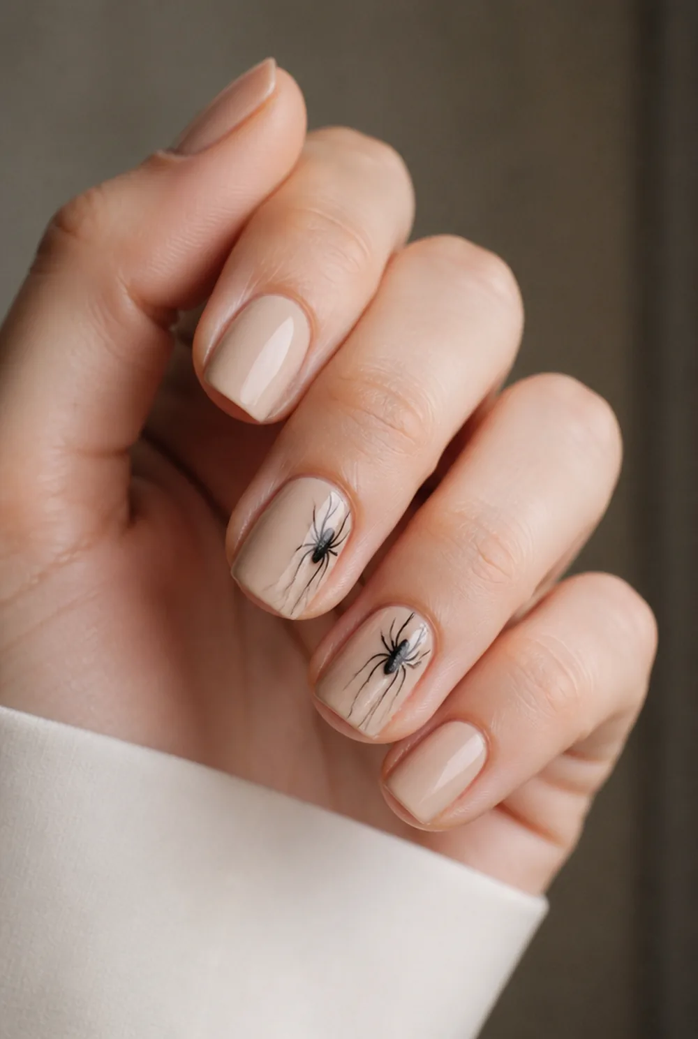 polka-dot spiders nail art on fair skin short length - PolishedAndPrettyNails.com polka-dot spiders nail art on fair skin, short length