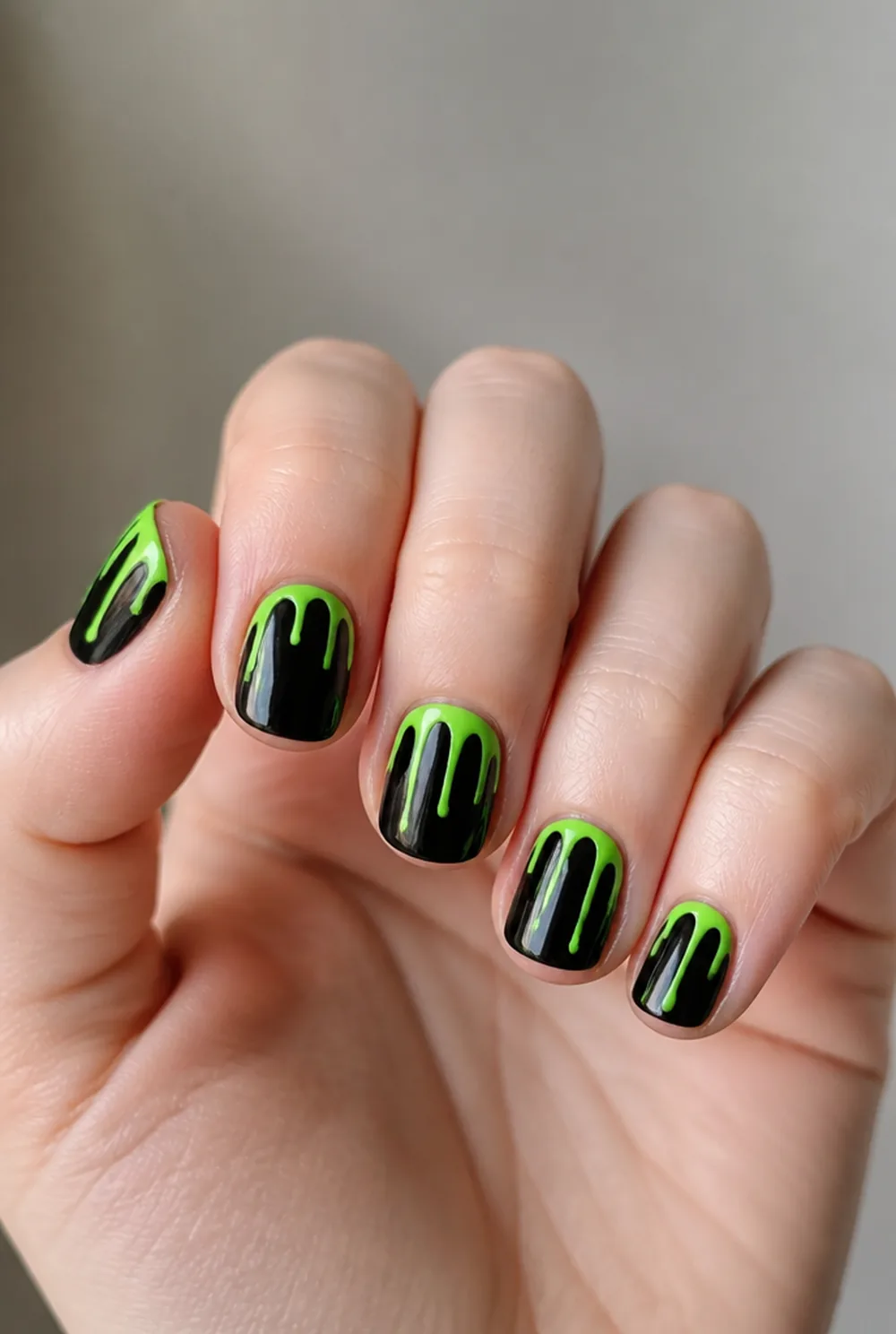 slime drip green nail art on fair skin short length - PolishedAndPrettyNails.com slime drip green nail art on fair skin, short length