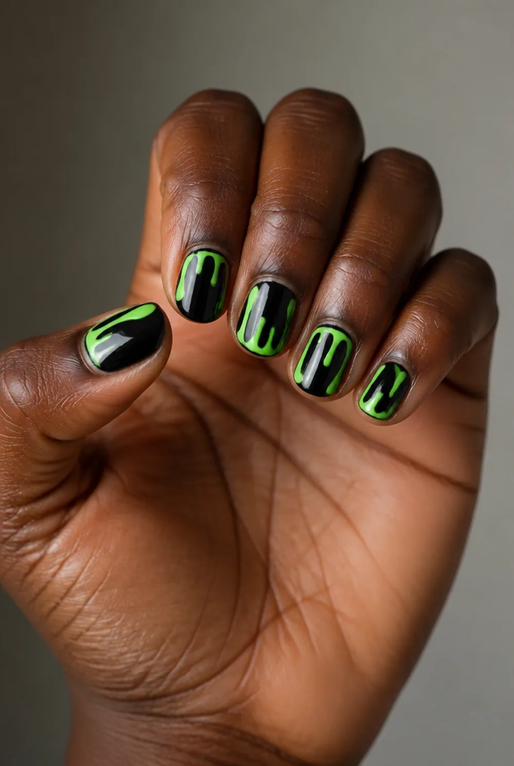 slime drip green nail art on deep brown skin - PolishedAndPrettyNails.com slime drip green nail art on deep brown skin