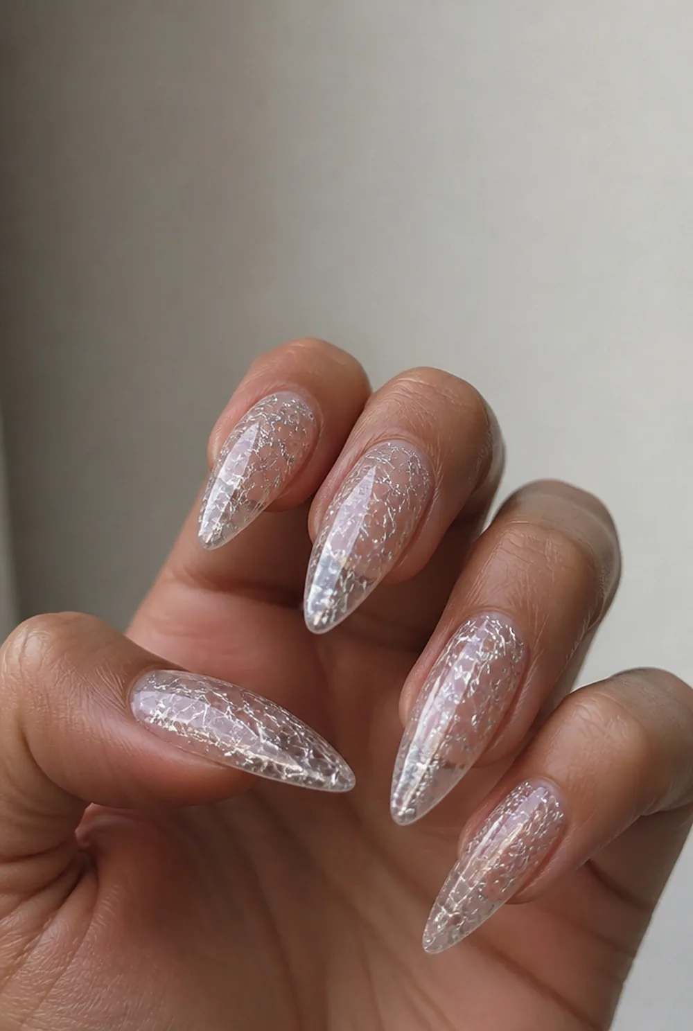cobweb glitter topper nail art on olive skin long length - PolishedAndPrettyNails.com cobweb glitter topper nail art on olive skin, long length