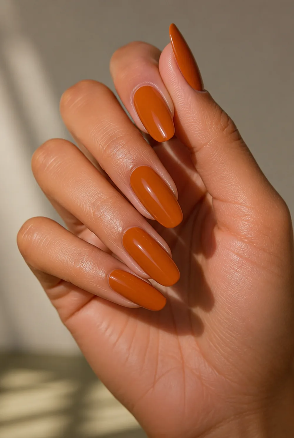 pumpkin creme no art nail art on olive skin long length - PolishedAndPrettyNails.com pumpkin creme, no art nail art on olive skin, long length