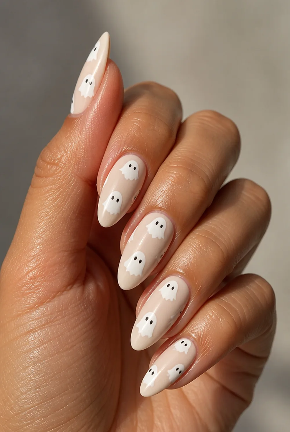 ghost dots on nude nail art on olive skin long length - PolishedAndPrettyNails.com ghost dots on nude nail art on olive skin, long length