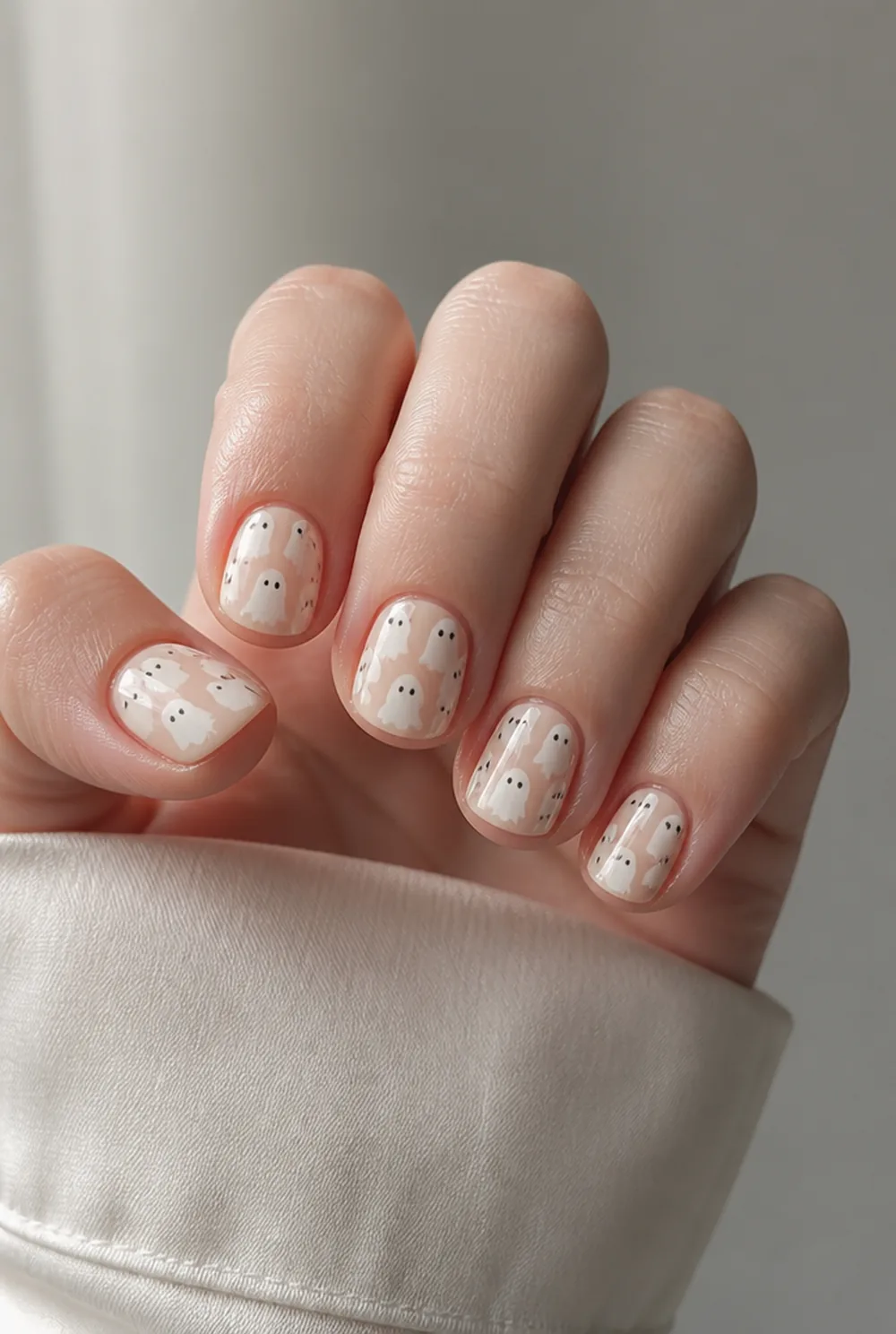 ghost dots on nude nail art on fair skin short length - PolishedAndPrettyNails.com ghost dots on nude nail art on fair skin, short length