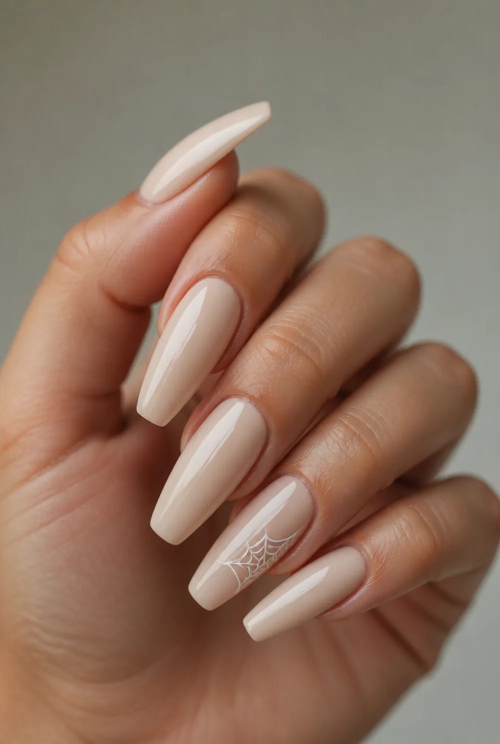 minimal web on one nail nail art on olive skin long length - PolishedAndPrettyNails.com minimal web on one nail nail art on olive skin, long length