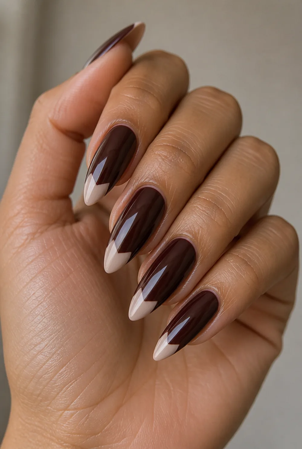 negative space chevron nail art on olive skin, long length