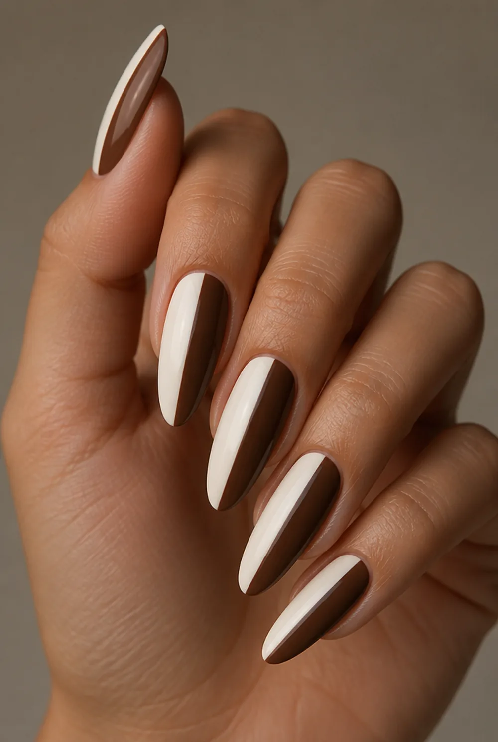 two-tone split nail art on olive skin, long length