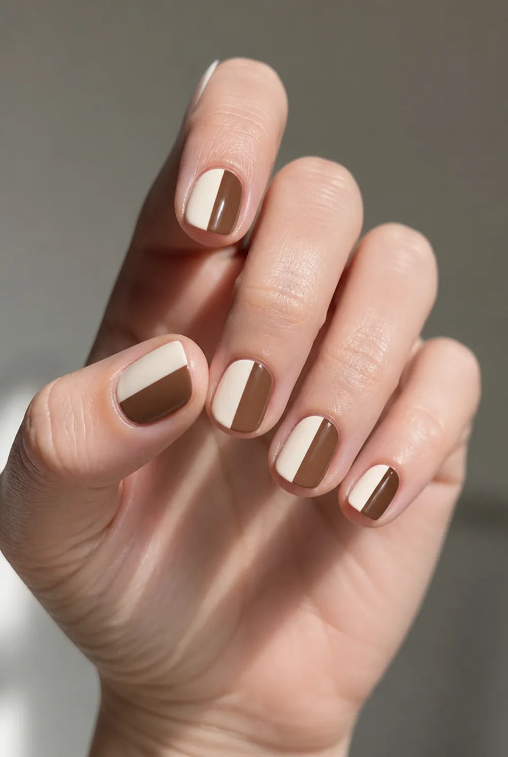 two-tone split nail art on fair skin, short length
