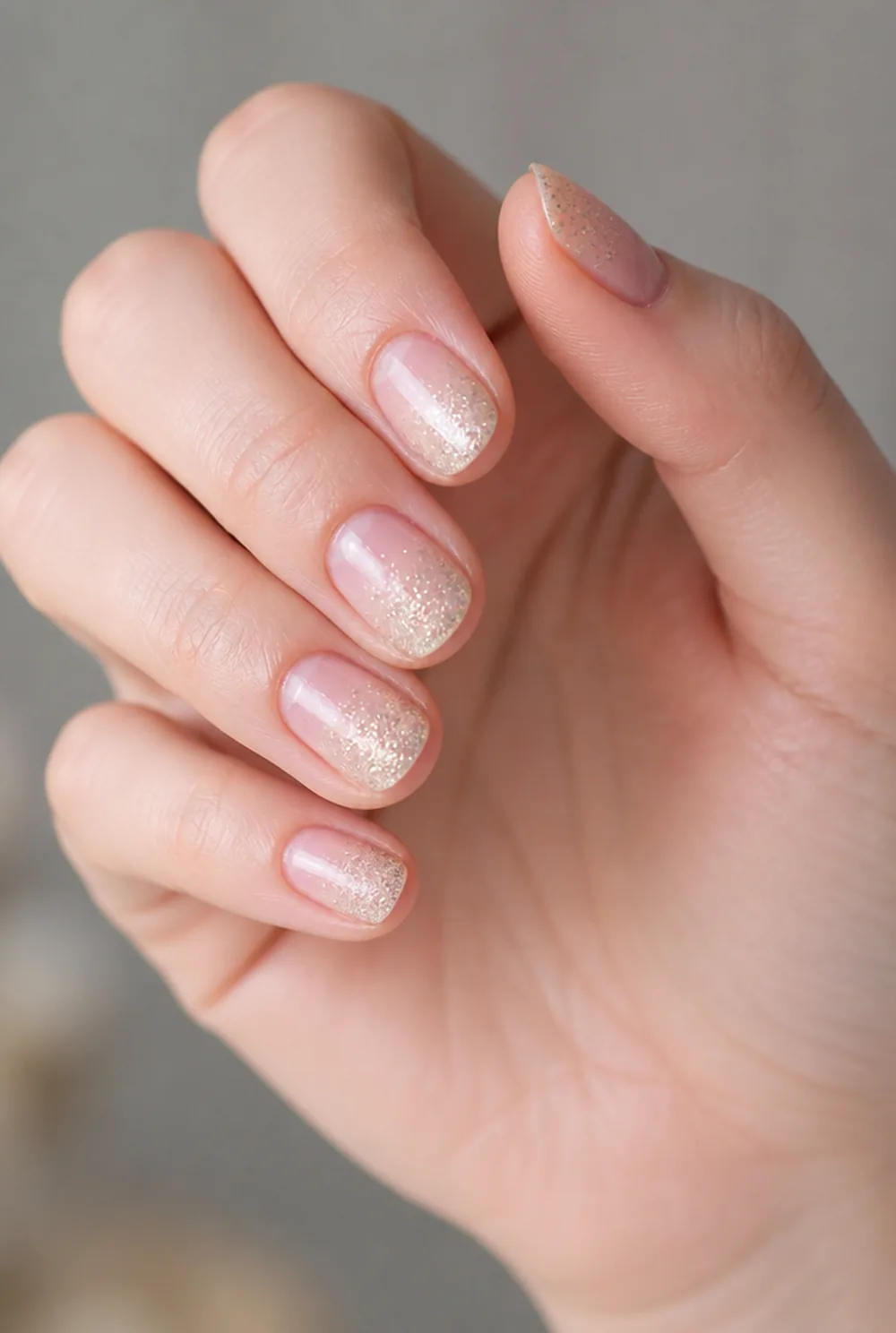 glitter gradient tip nail art on fair skin, short length