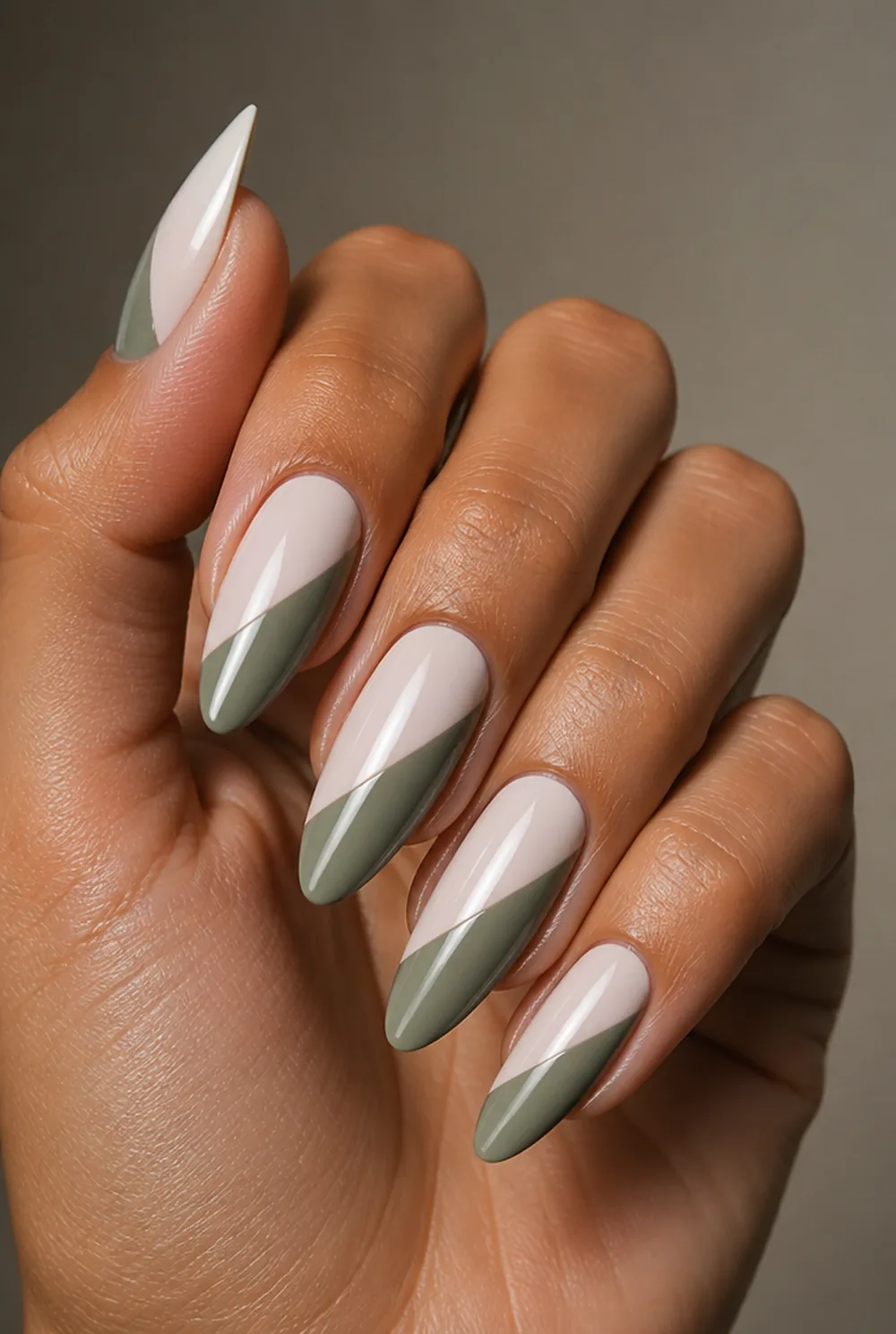 tape-line geometric nail art on olive skin, long length