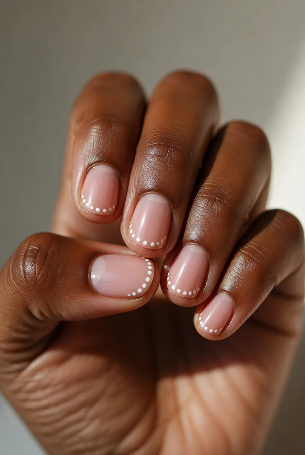 sheer pink and white dot french nail art on deep brown skin