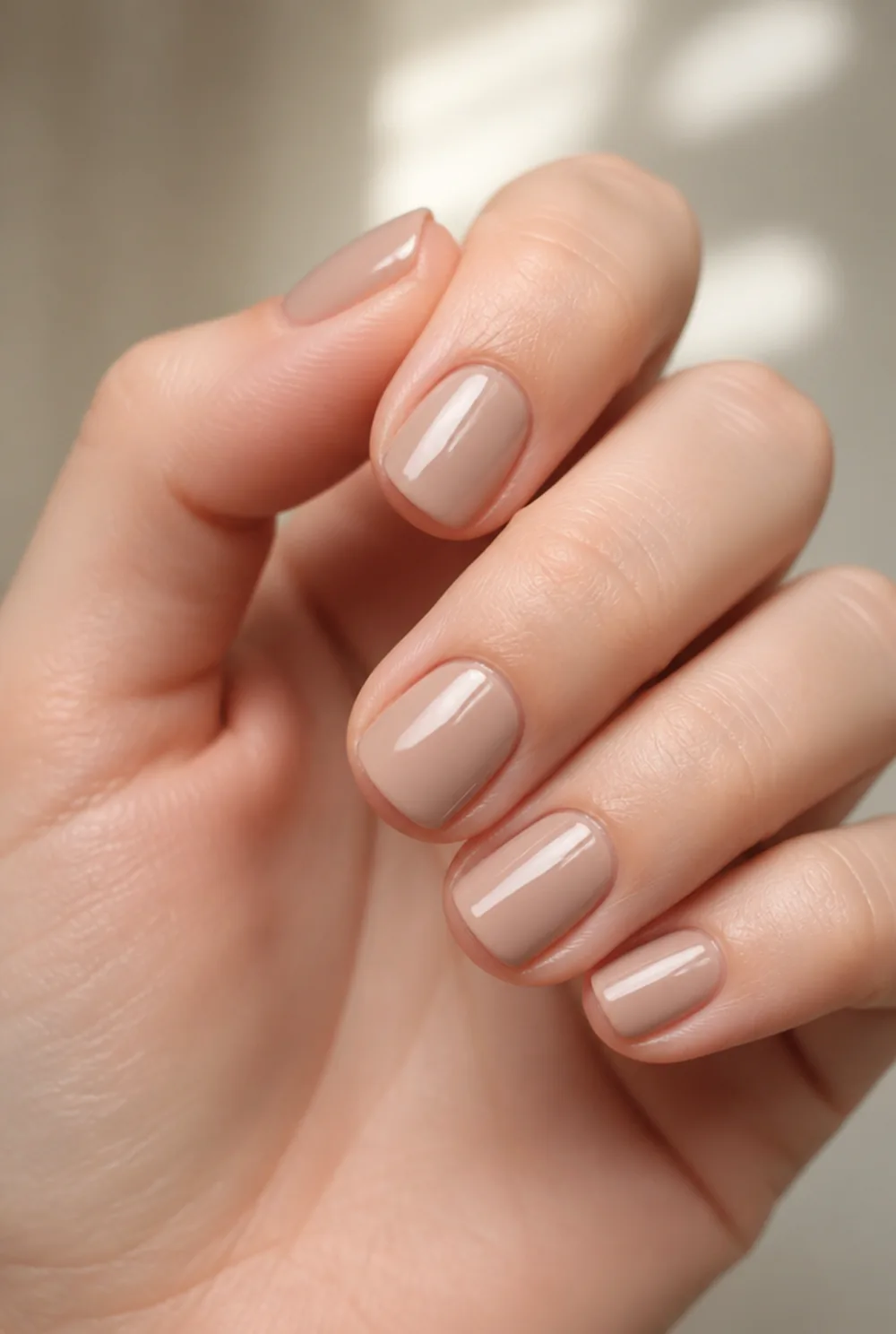 short square nude nail art on fair skin, short length
