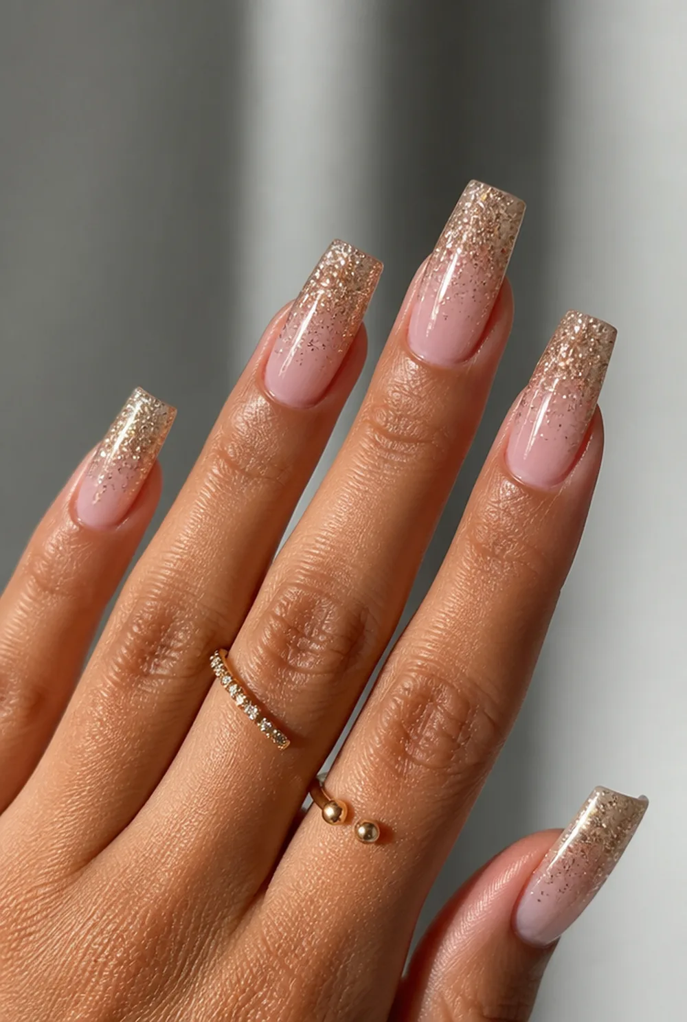 glitter tip square nail art on olive skin, long length