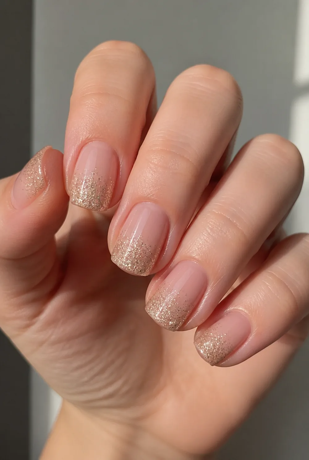 glitter tip square nail art on fair skin, short length
