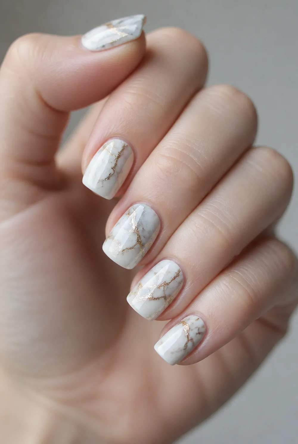 medium square marble nail art on fair skin, short length