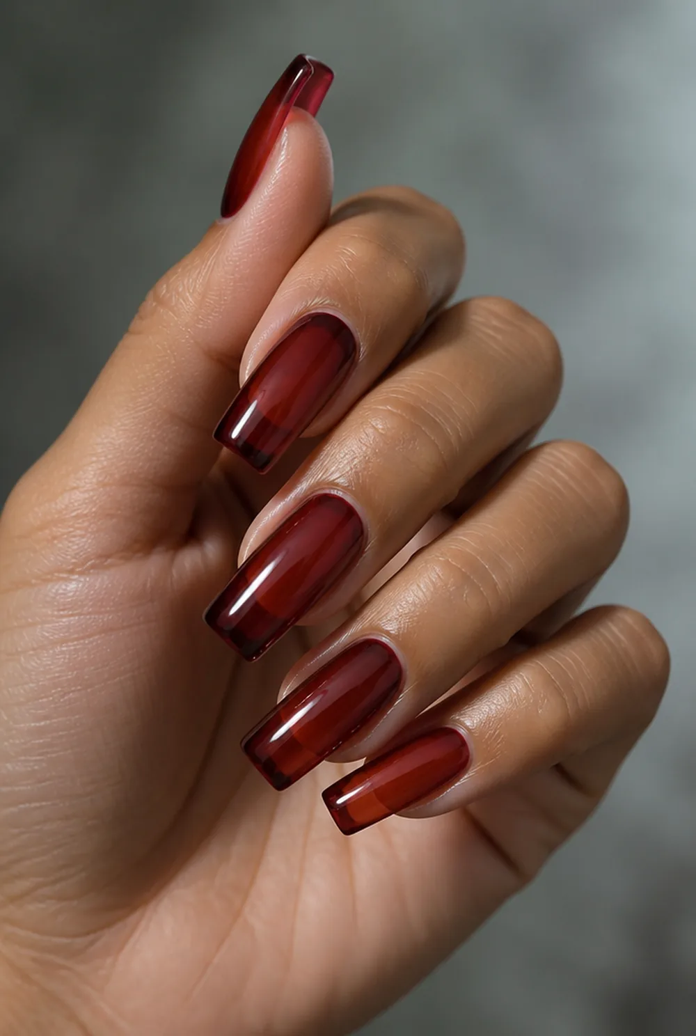 cherry cola brown nail art on olive skin, long length