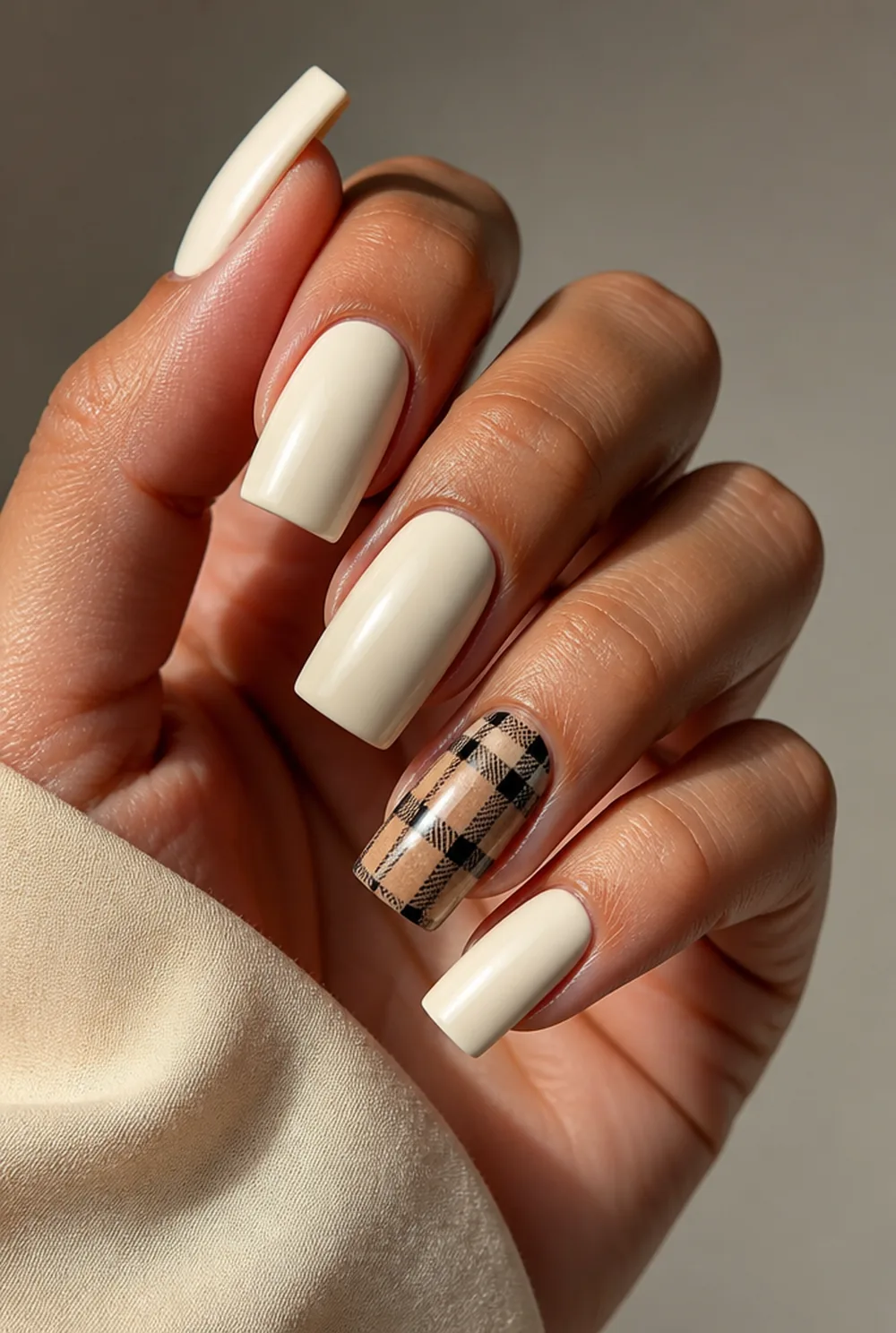 plaid accent square nail art on olive skin, long length