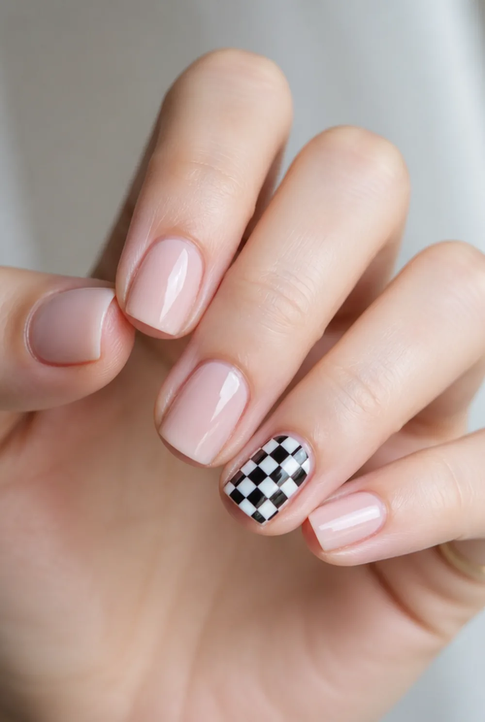 checkerboard accent nail art on fair skin, short length
