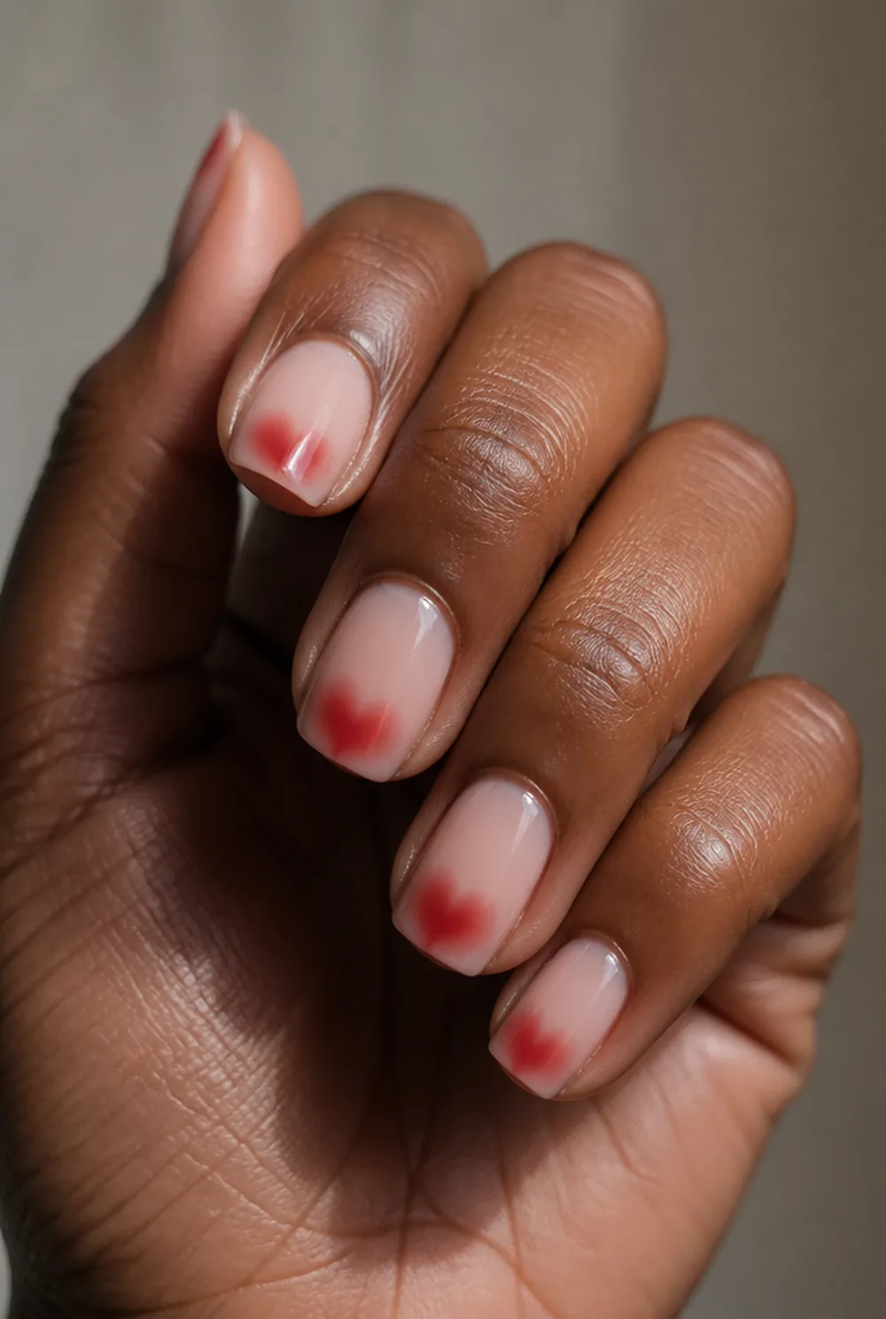 airbrushed heart tips nail art on deep brown skin