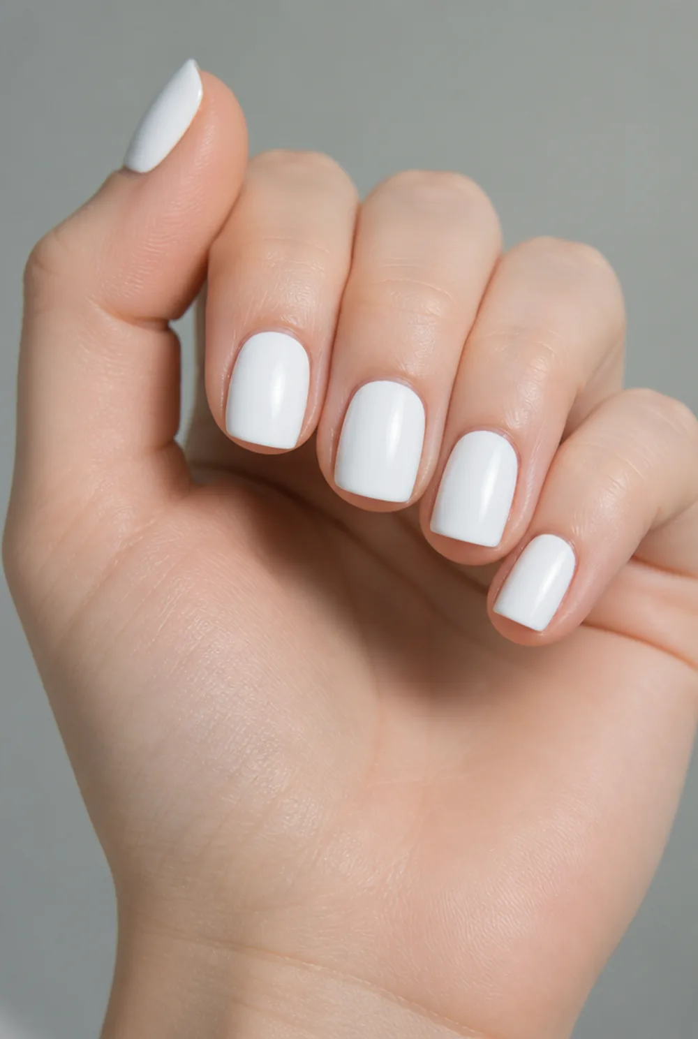 white square nail art on fair skin, short length