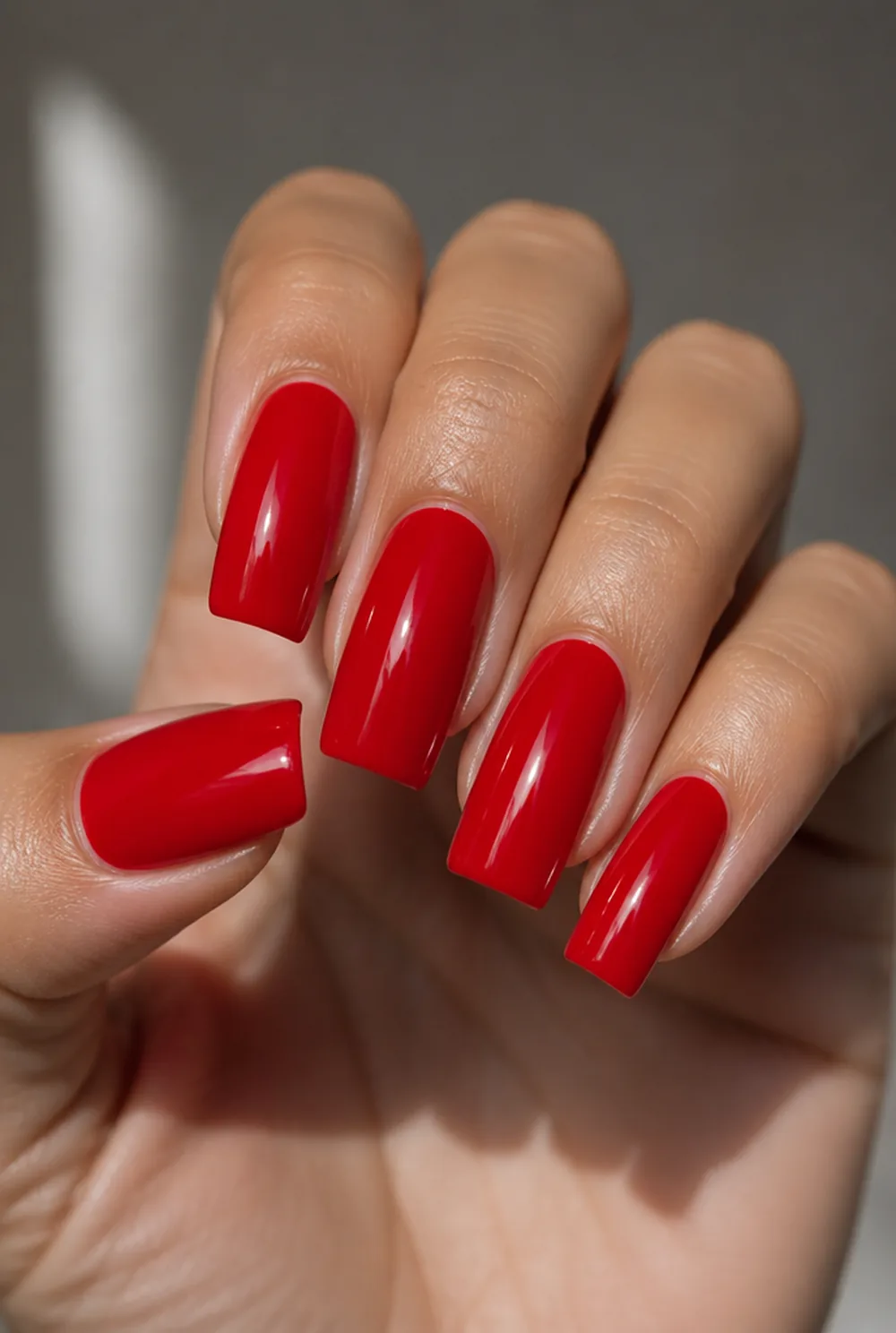 classic red square nail art on olive skin, long length